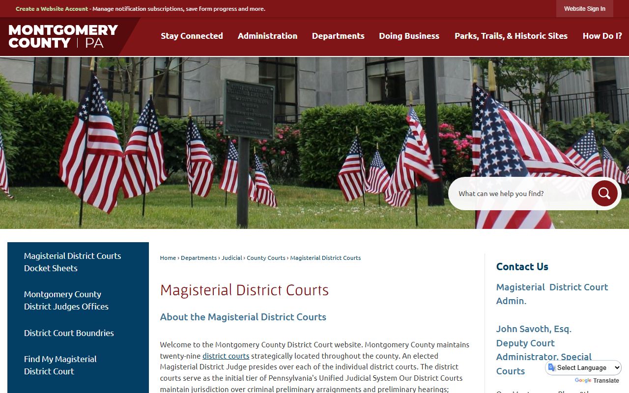 Montgomery County Magisterial District Courts page describing the 29 district courts