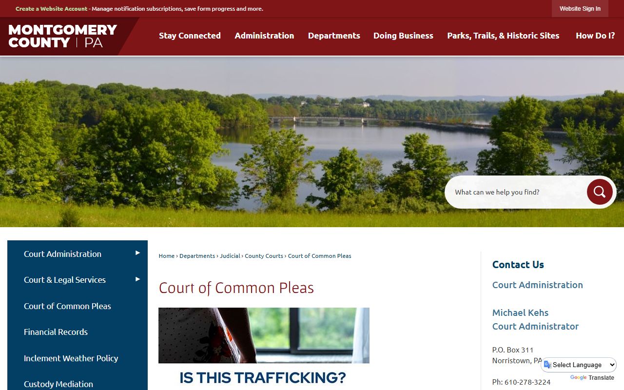 Montgomery County Court of Common Pleas page with court divisions