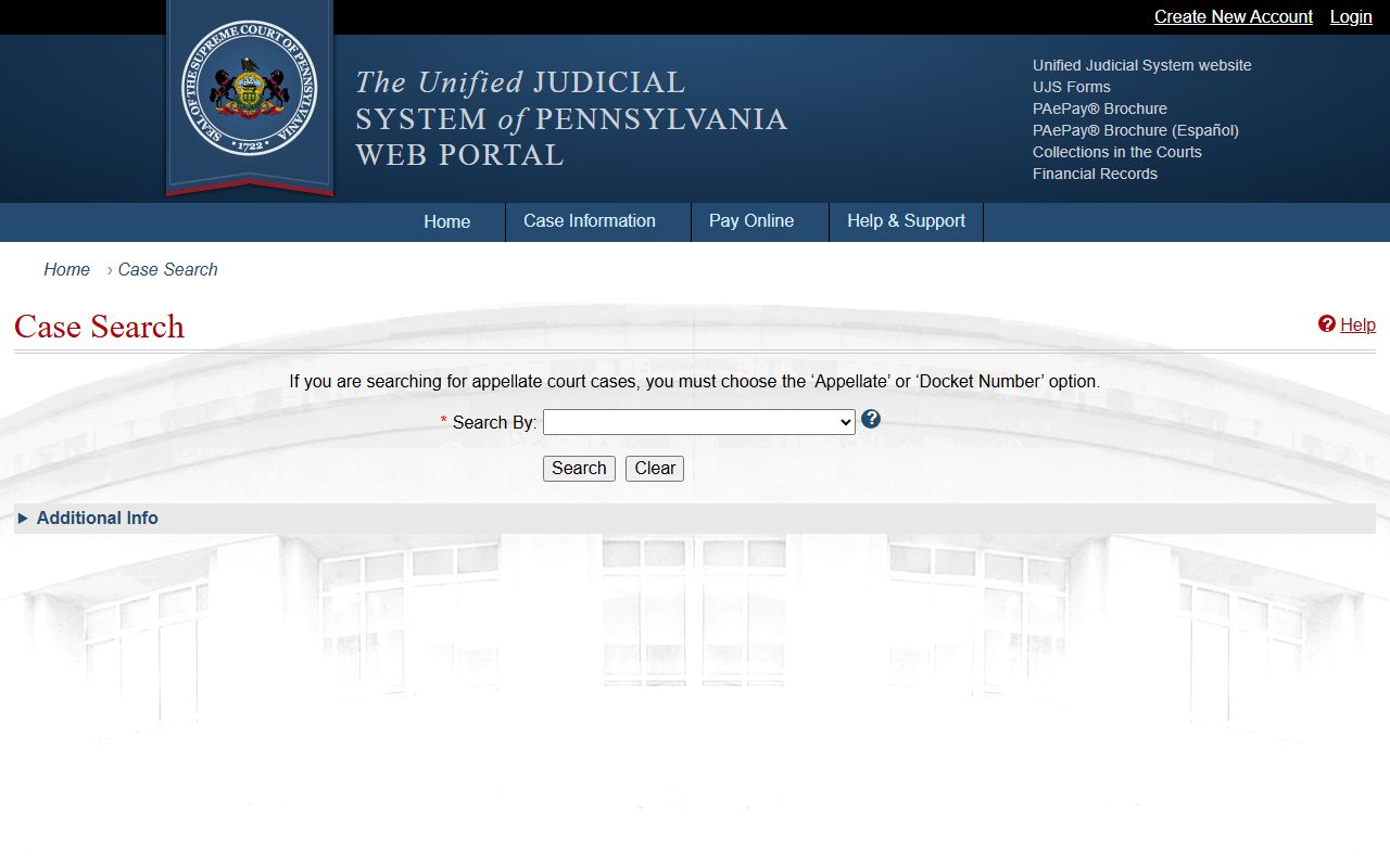 Pennsylvania UJS Case Search form for Montgomery County court records