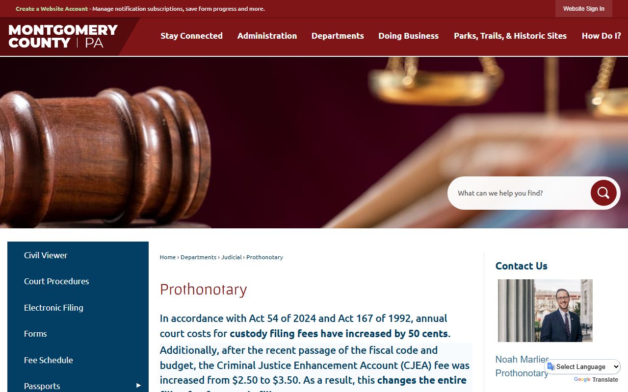 Montgomery County Prothonotary page listing civil court record categories