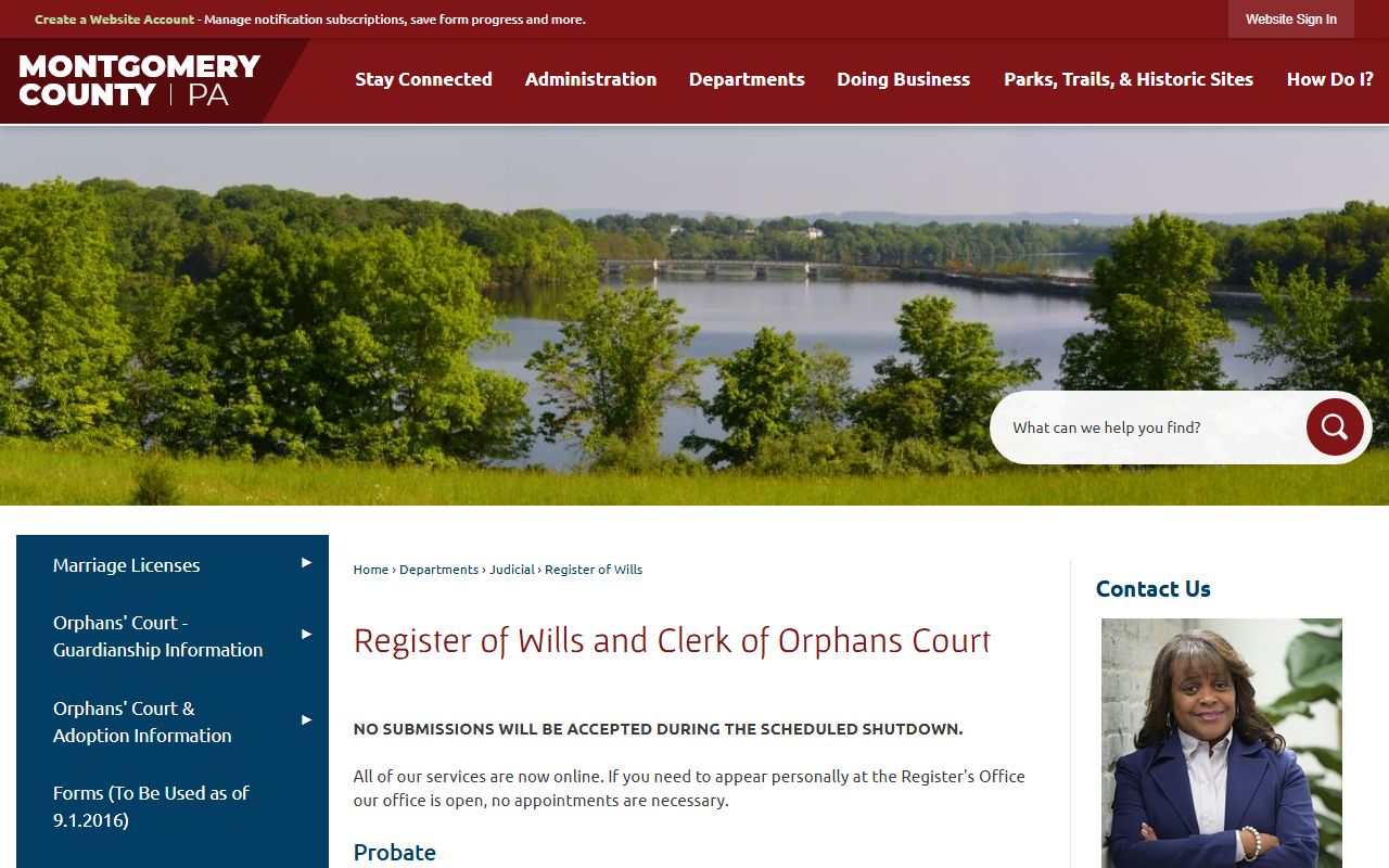 Montgomery County Register of Wills and Orphans' Court records page