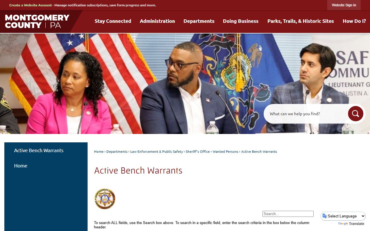 Montgomery County active bench warrants search page