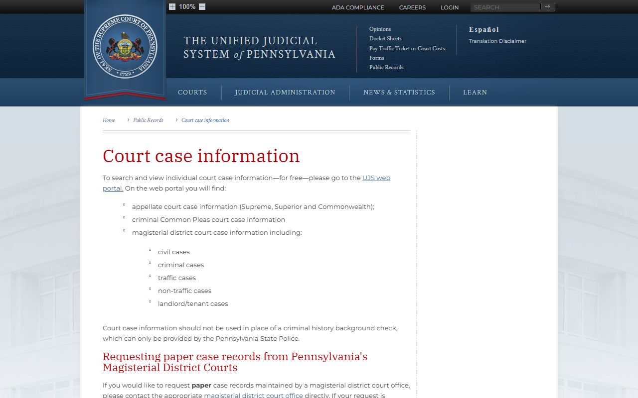 Pennsylvania court case information page for Montgomery County court records