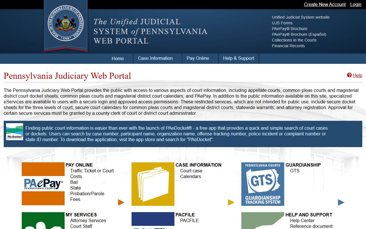 Pennsylvania UJS web portal home for Montgomery County court records