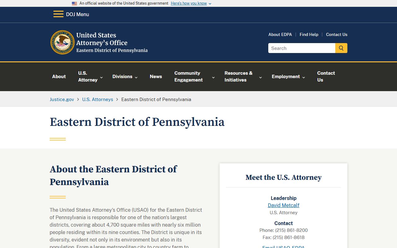 U.S. Attorney Eastern District of Pennsylvania for federal records