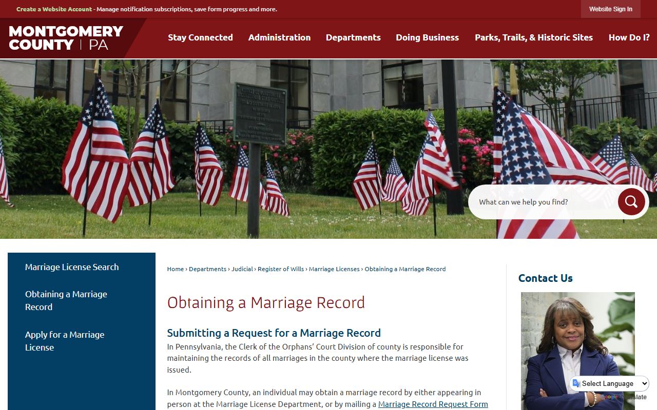 Montgomery County obtaining a marriage record page for marriage records