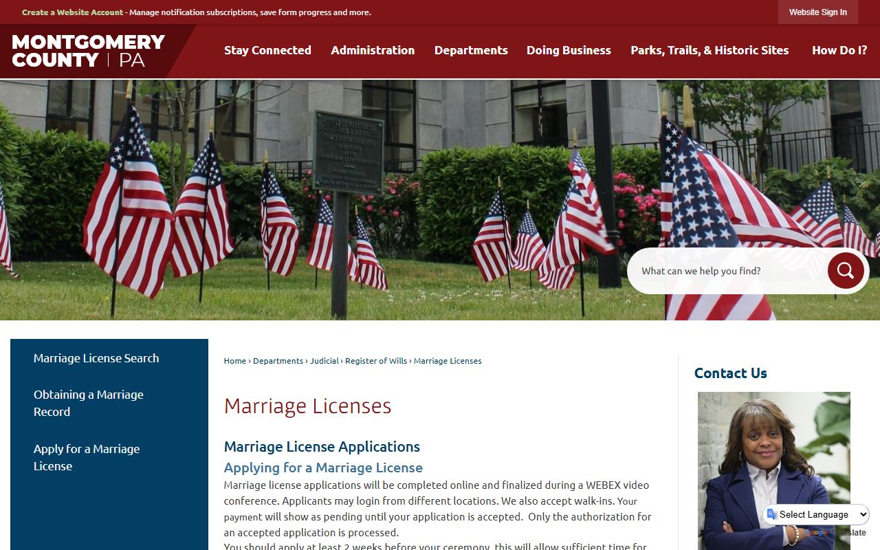 Montgomery County marriage license application page for marriage records