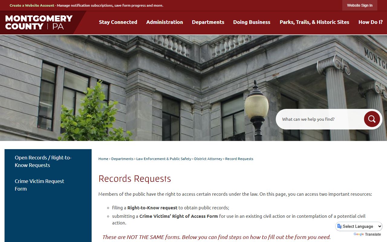 Montgomery County records requests page for public records