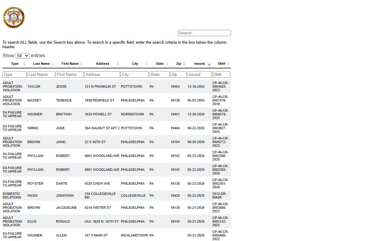 Montgomery County active bench warrants ALEIS search table