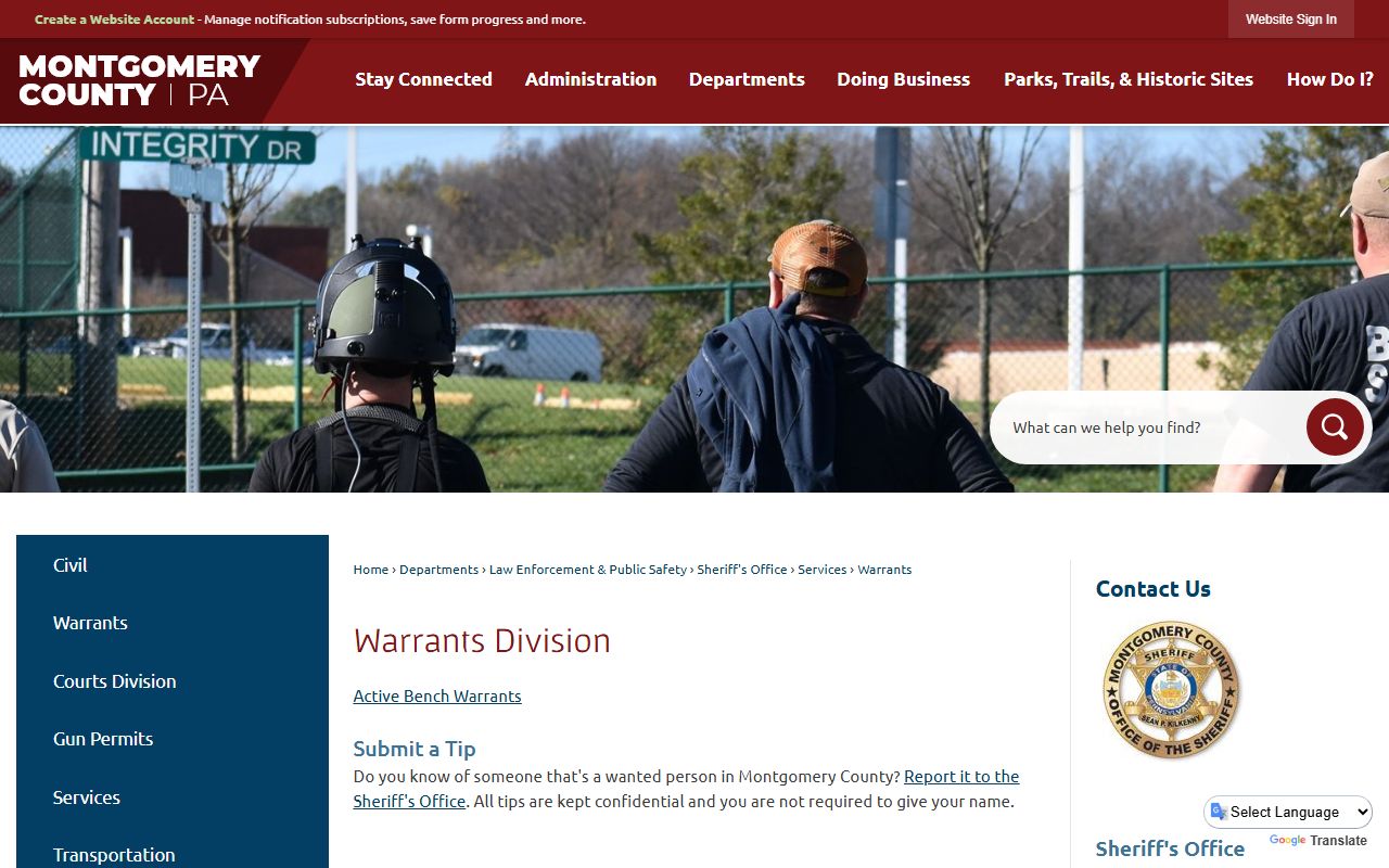 Montgomery County Sheriff Warrants Division page for warrant search